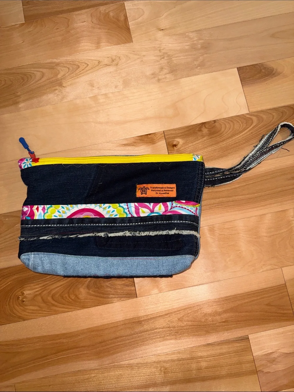 Colorful Custom Denim Wristlet Pouch with Yellow Zip new